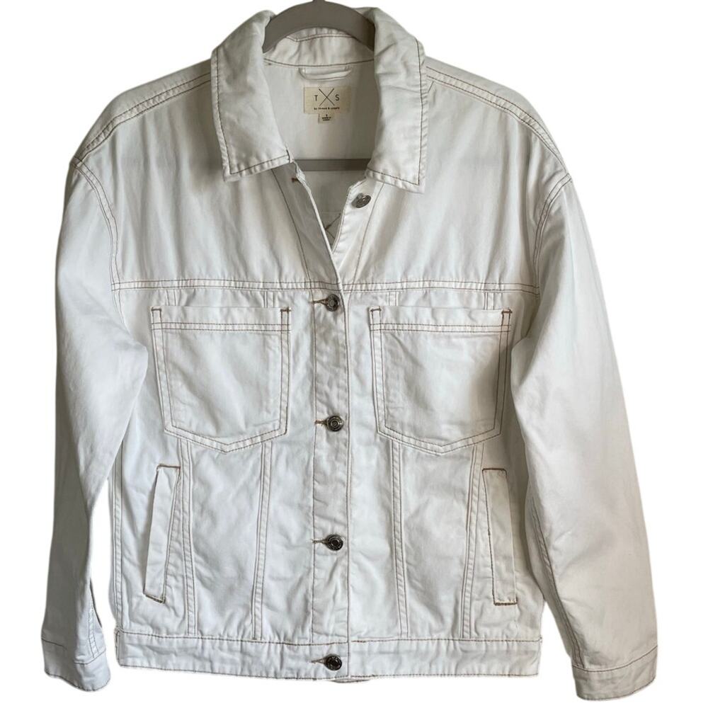 Thread & Supply White Denim Jacket Sz S Tan Contrast Stitching Oversized Boxy